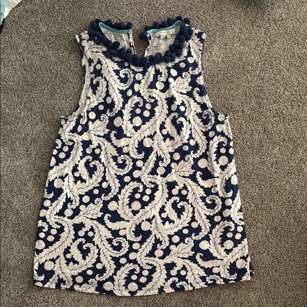 Navy and White Sleeveless Top with Leaf Pattern-Boden